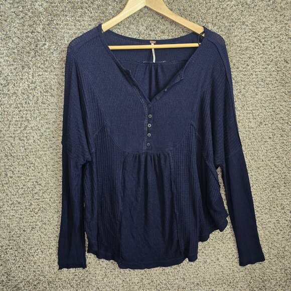Free People Tops - Free People Leo Henley Top Womens Small Blue Oversized Waffle Knit Thermal